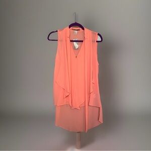Love 21 Peach Coral Sleeveless Sheer Blouse Hi Low Hem Neck Tie Sz S NWT